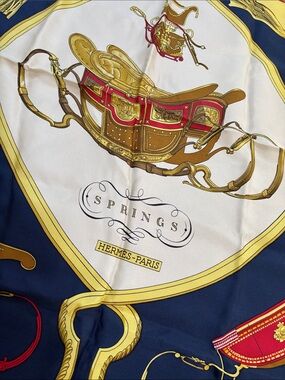 Authentic HERMES Carre 90 Scarf "SPRINGS" Silk Blue Navy